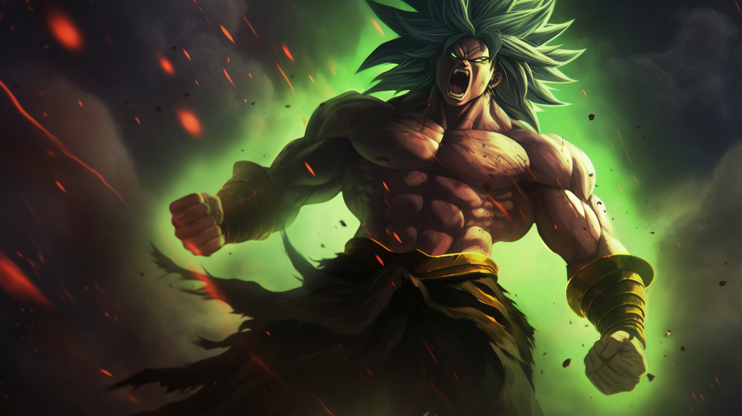 Broly, dragon ball super : Broly, sparkles green energy around body, no pupils,  dark green hair, screaming, shattered background, scar on left chest, rage, powerful figure, bulky, powering up