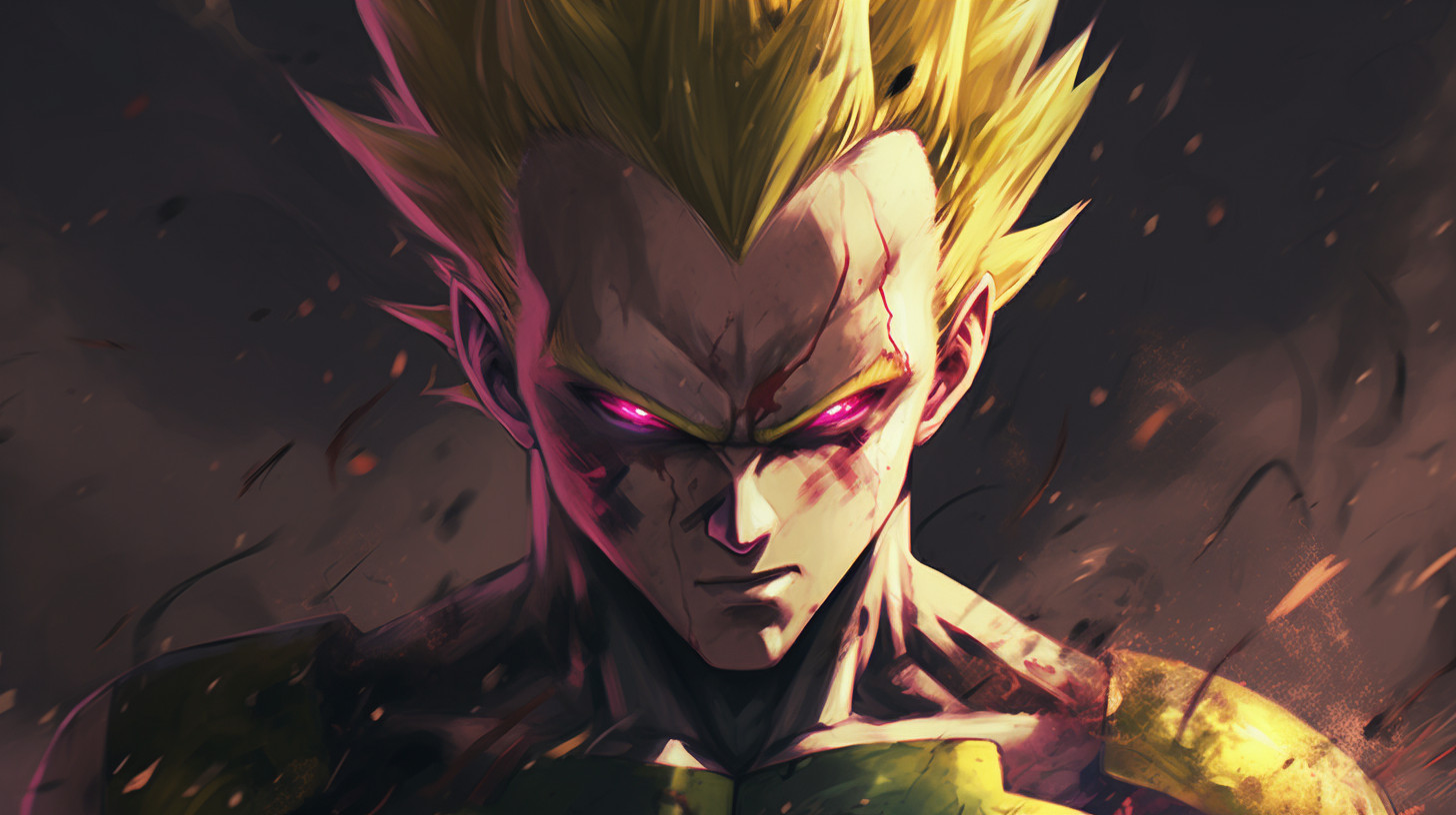 Majin vegeta, has a majin symbol on forhead, yellow hair, green pupils, blood, destroyed city, lightning surrounding body, no hair bangs,HD, Perfect Detail, accurate as possible