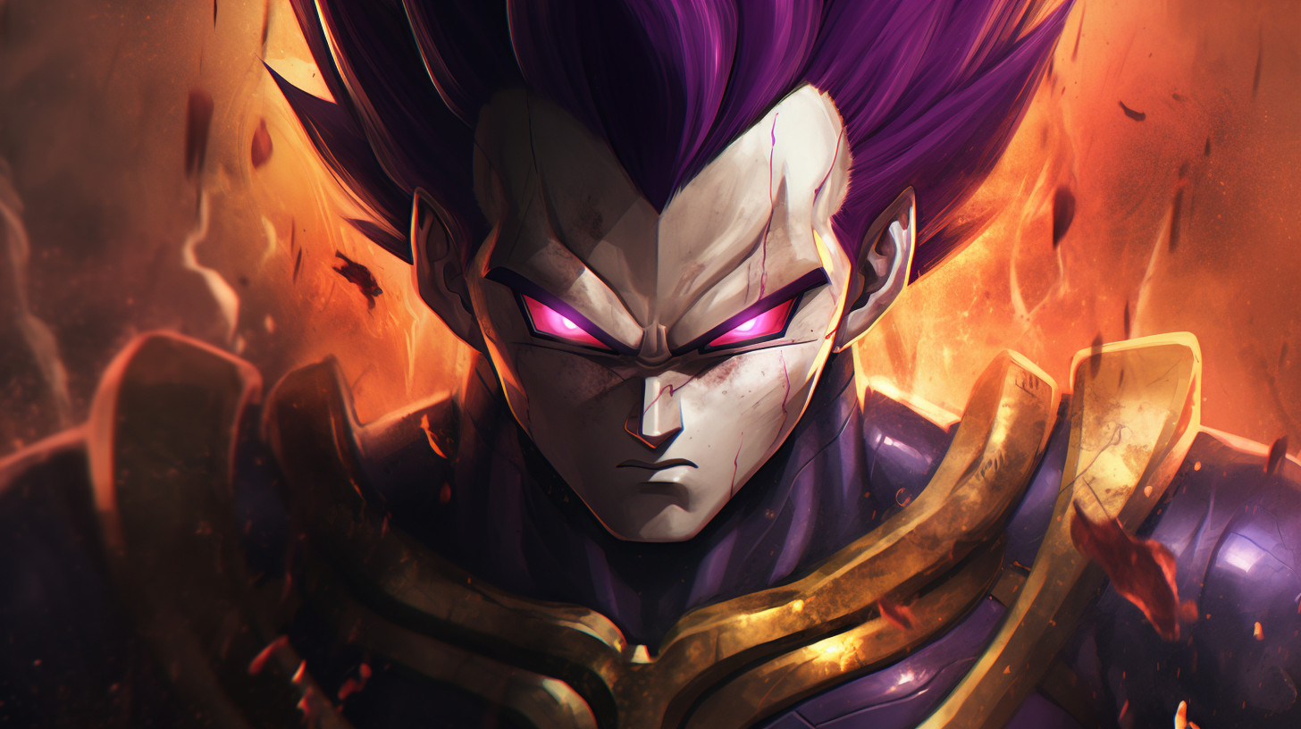 Vegeta Ultra Ego, Purple hair, yellow pupils, purple energy surrounds body, dynamic, pose, HD, Perfect details, master piece, accurate as possible, dragon ball art style