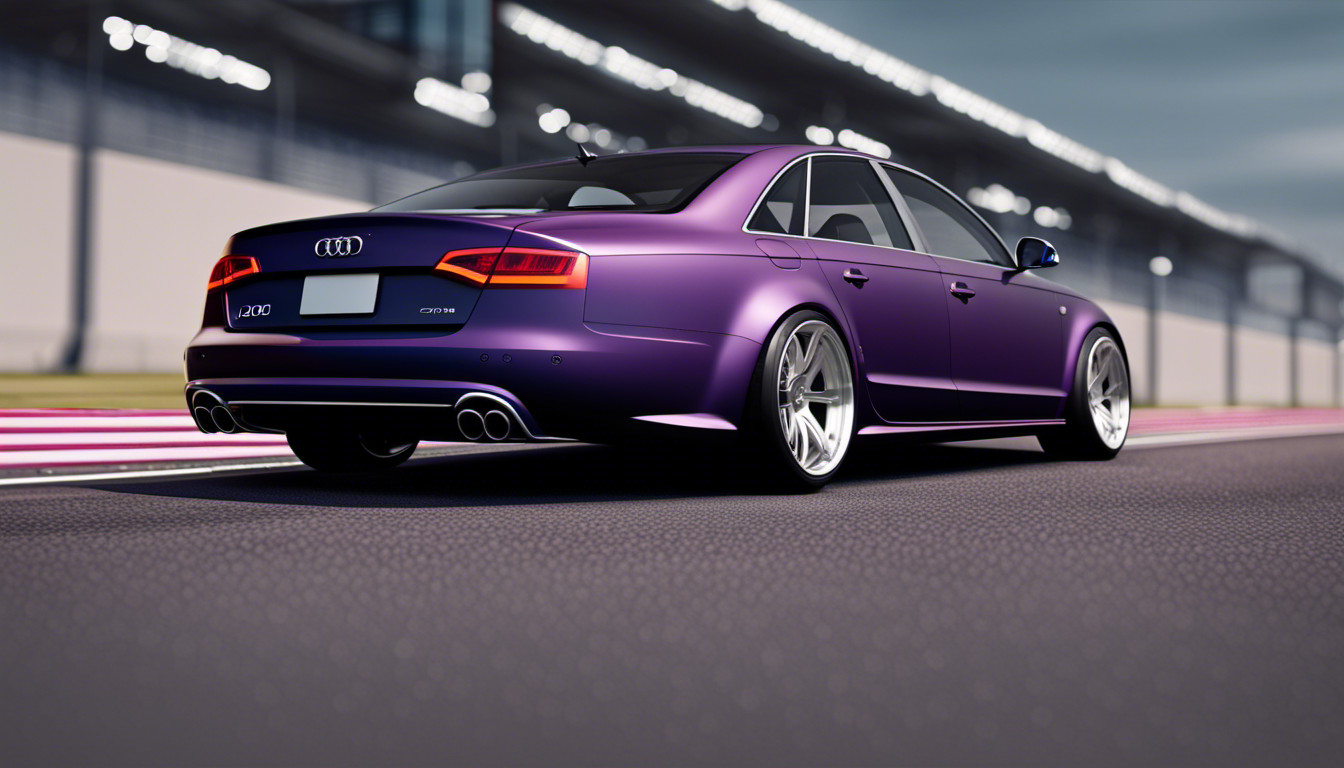 2008 Audi A4, Modified, Rear Wing, Body kit, Drag strip in background, midnight purple color, Hyper realistic, 4k, non-blured