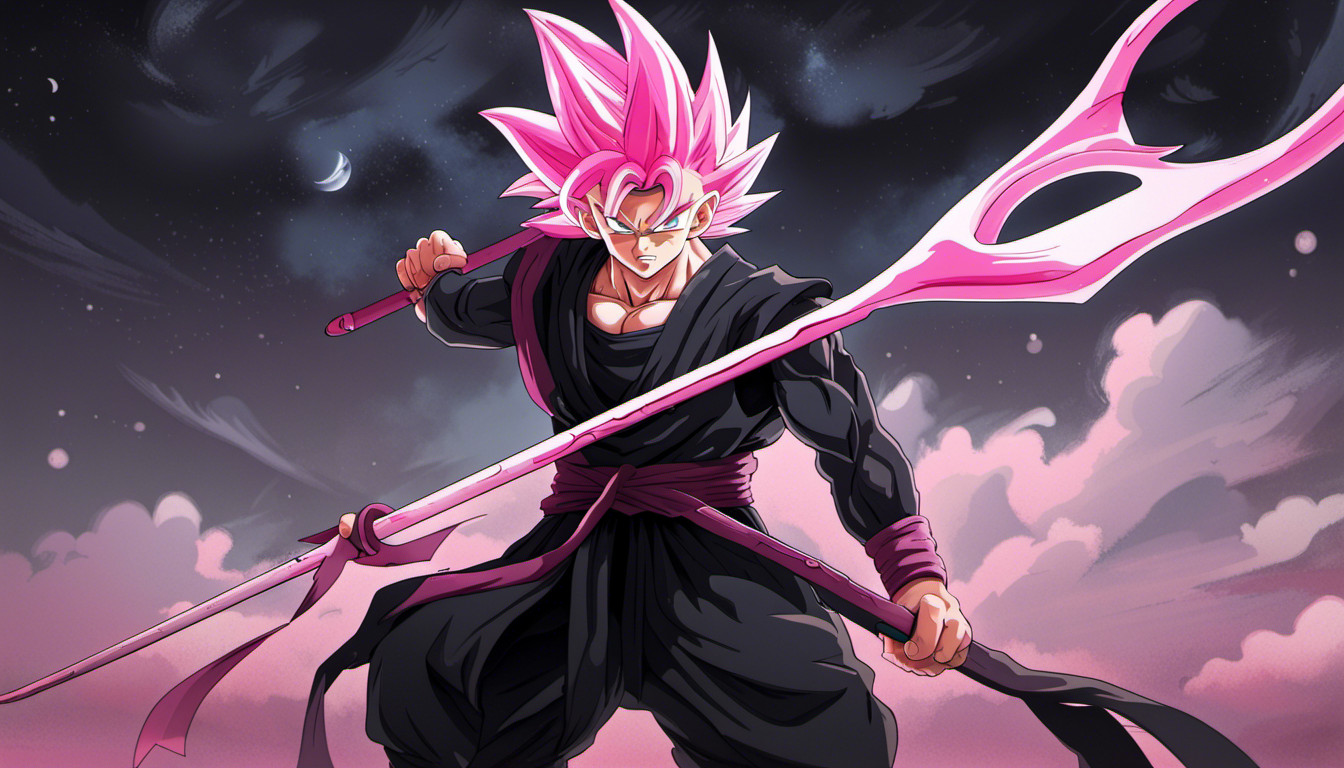 Goku black holding his scythe, pink hair, gray eyes, HD, 4K, Detailed, dragon ball super Shintani style art work, perfect art work, masterpiece, perfect body, evil grin, detailed eyes