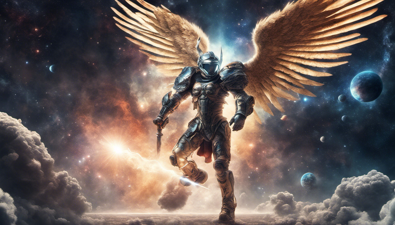 Futuristic Saint Michael archangel battling monster in space galaxy ultra sharp