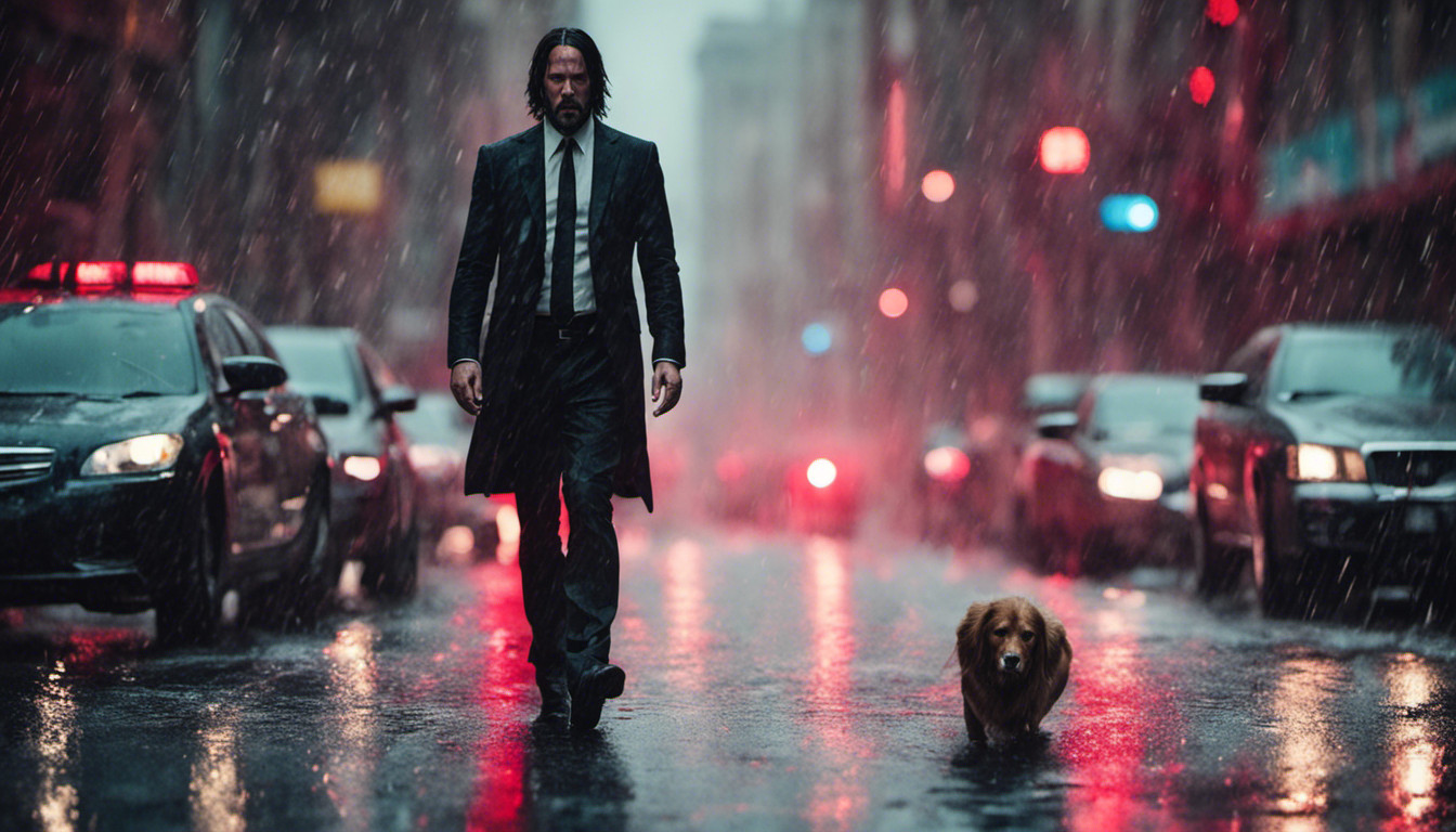 John wick in a city with red rain