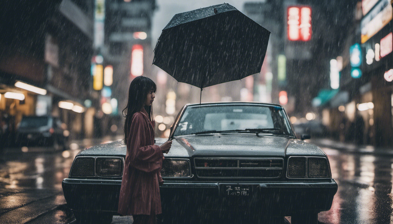 Raining in Japan with a Japanese car and Japanese girl