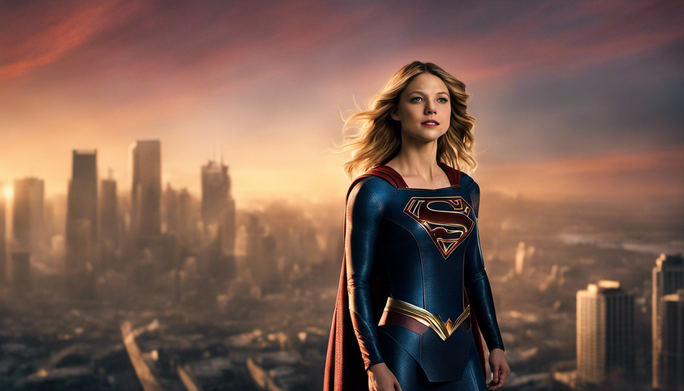 Melissa Benoist Supergirl flying city sunset