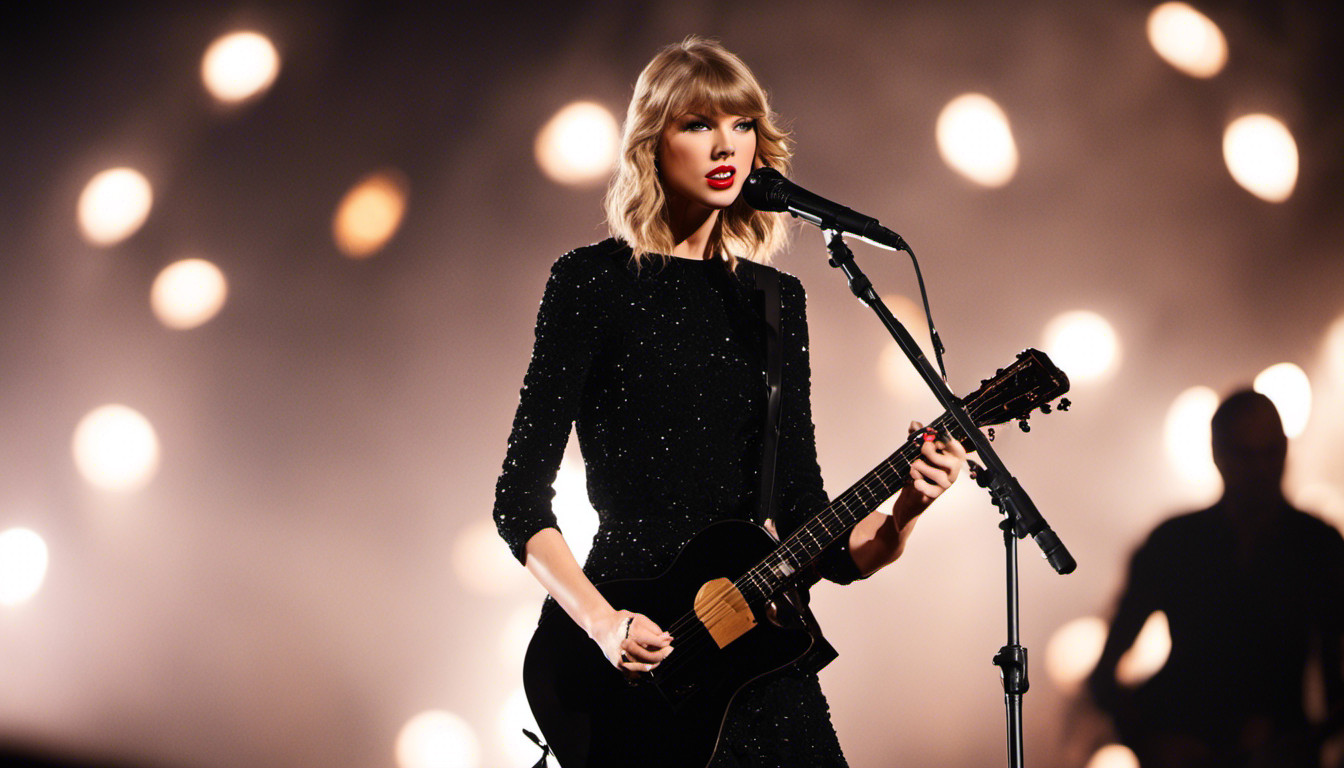 Taylor Swift on stage playing the guitar black dress candle lighting