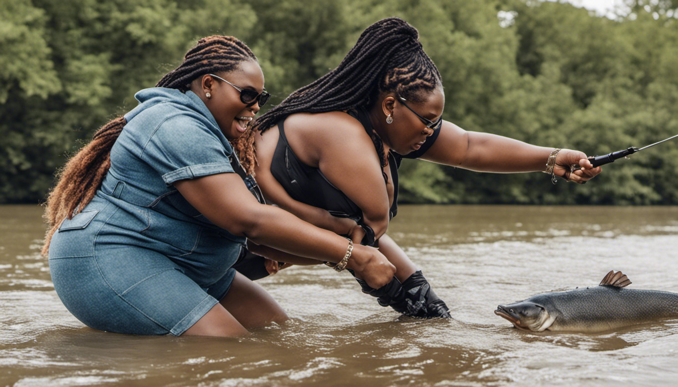 Lizzo fighting a catfish in the river