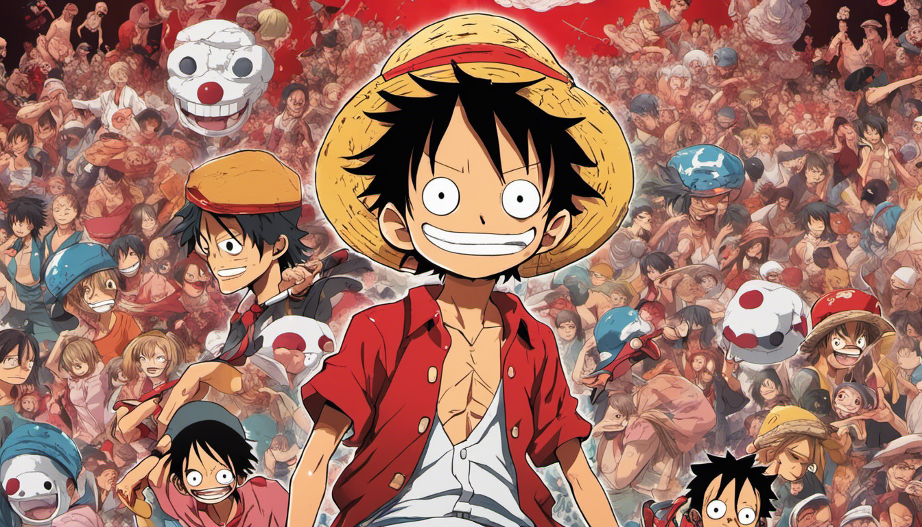 Rintarou Okebe and monkey d luffy back too back with tony tony chopper next too luffy and mayuri shiina next to okebe and thousands of hand drawn red eyeballs in the background