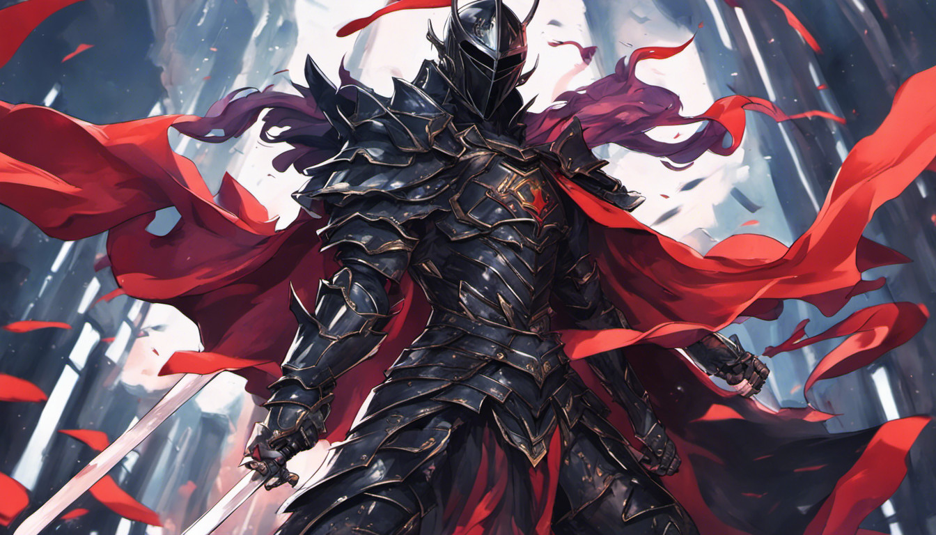 Black knight wearing a cape and using a one handed sword