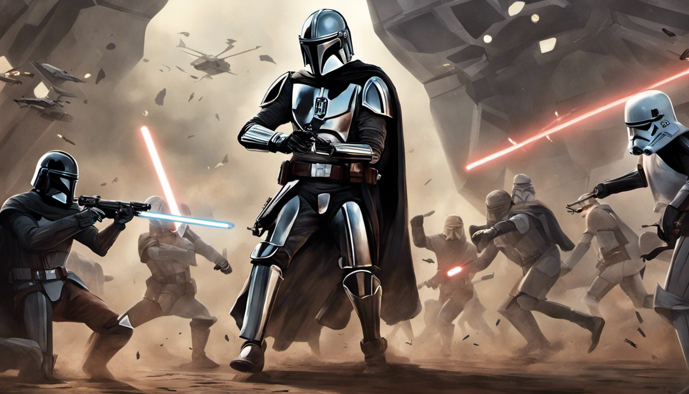 The mandalorian fight against darth vader and stormtroopers