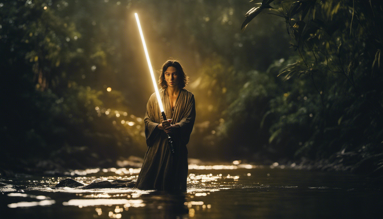 Ray emerging from river in jungle at night with a gold light saber 