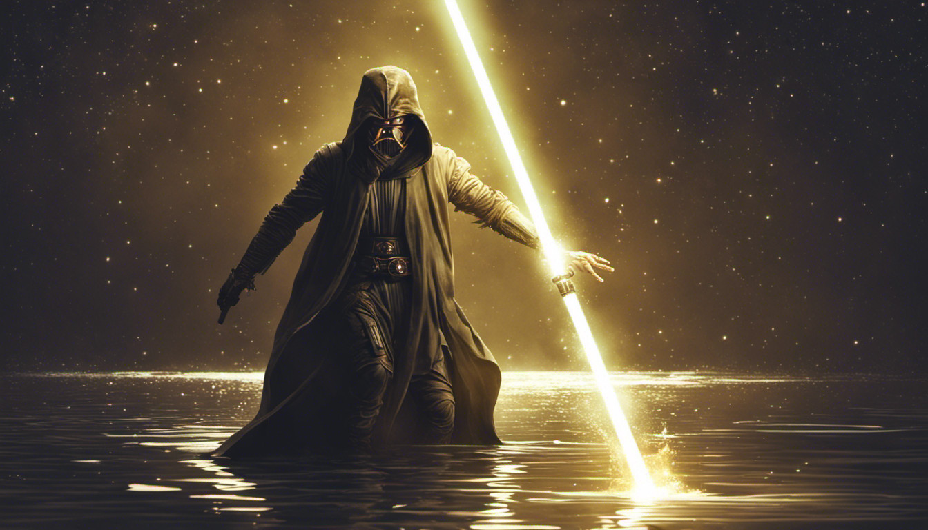 Ray emerging from river at night with a golden lightsaber 