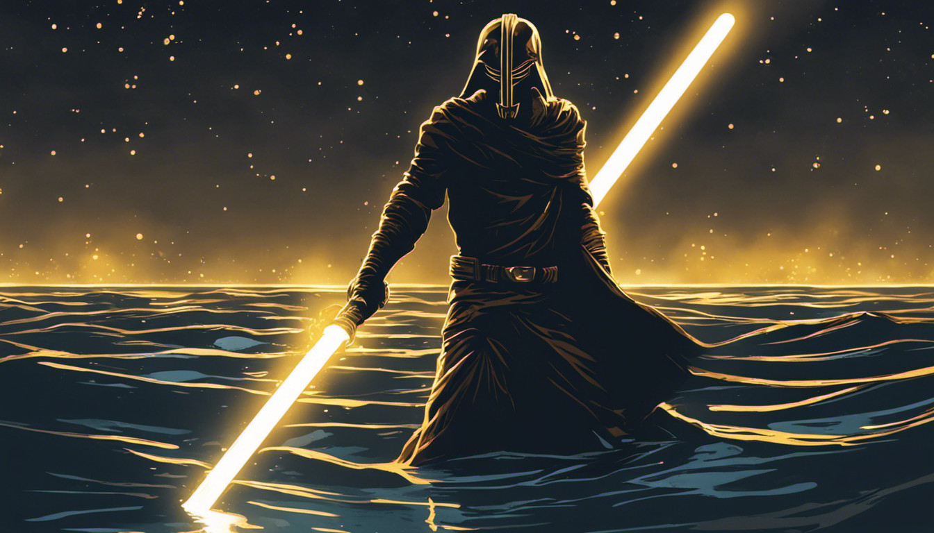 Ray emerging from river at night with a golden lightsaber 