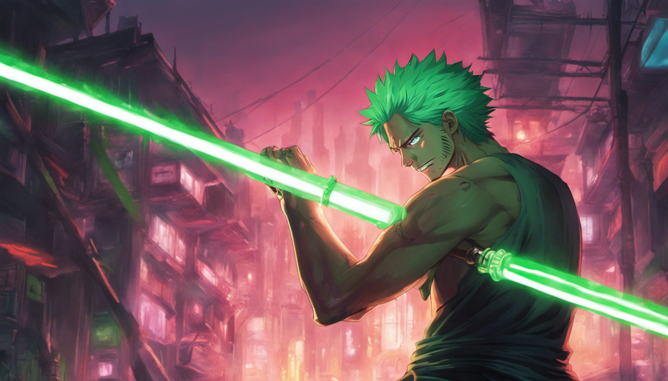 One piece zoro holding a neon green light saber