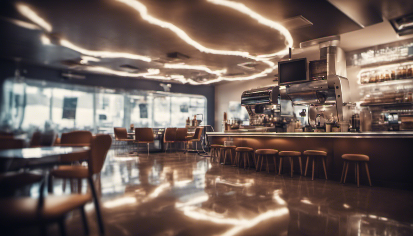 create zoom backdrop using licence free artwork , coffee shop futuristic interior, chrome trim and white walls, no people in cafe, closing time.