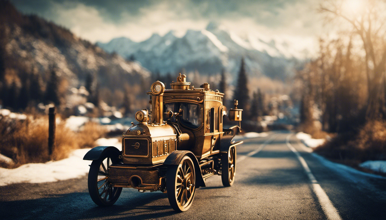 use free artwork licence free, to create a futuristic  friendly steampunk city clean steam fusion powered vehicles traveling peaceful quite roads, with  the background  snowy mountains.