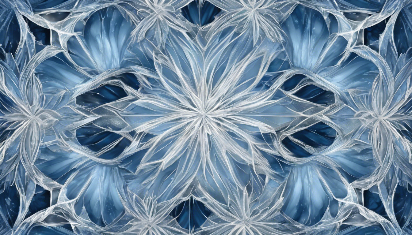 frosted windowpanes and icecrystals pattern, in the style oficy whites and blues, mandalapatterns, delicate tracery,crystalline formations, magicalwinter