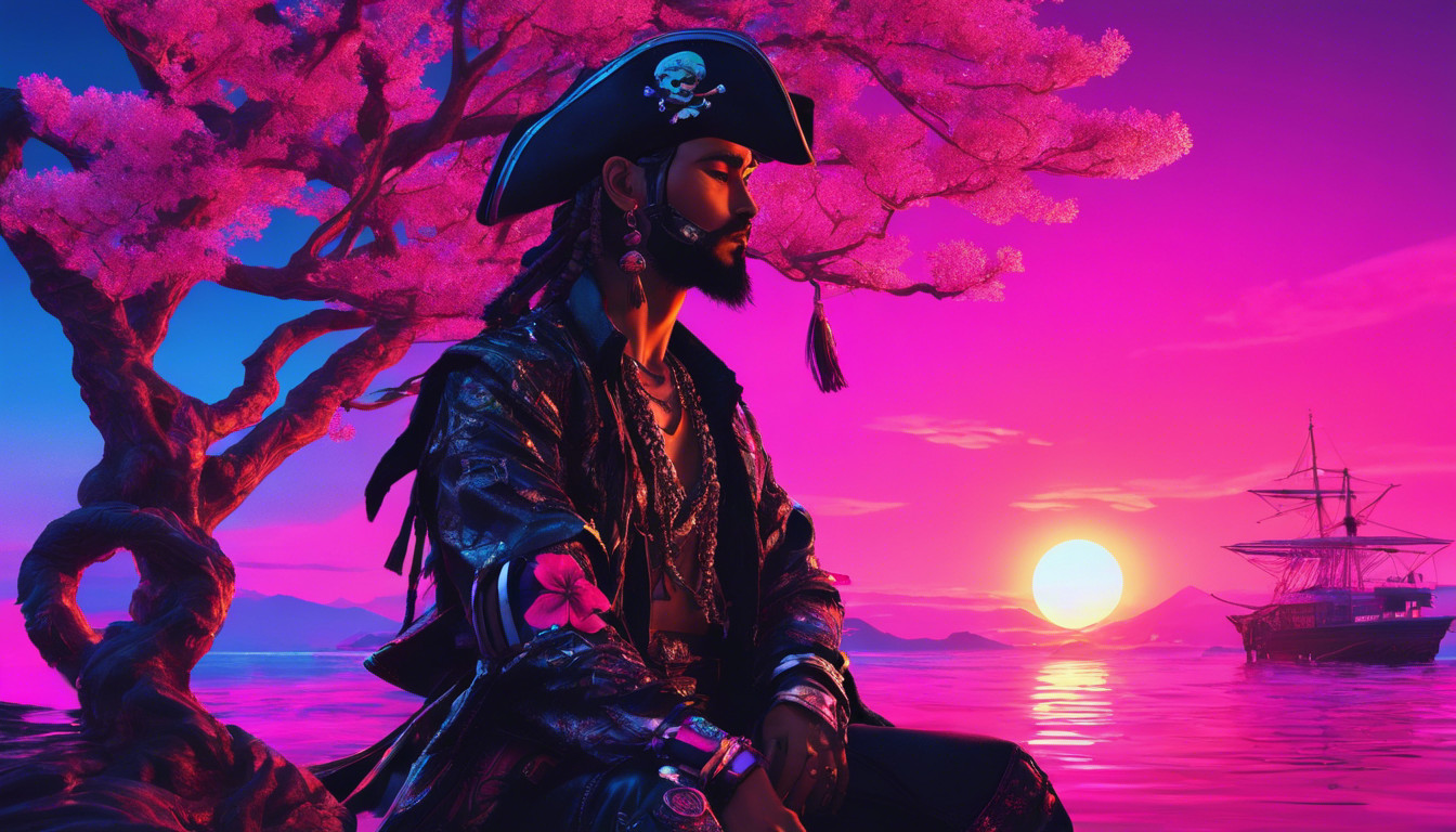 Shrk in a pirate outfit that is fierce with a blossom tree and a sunset behind