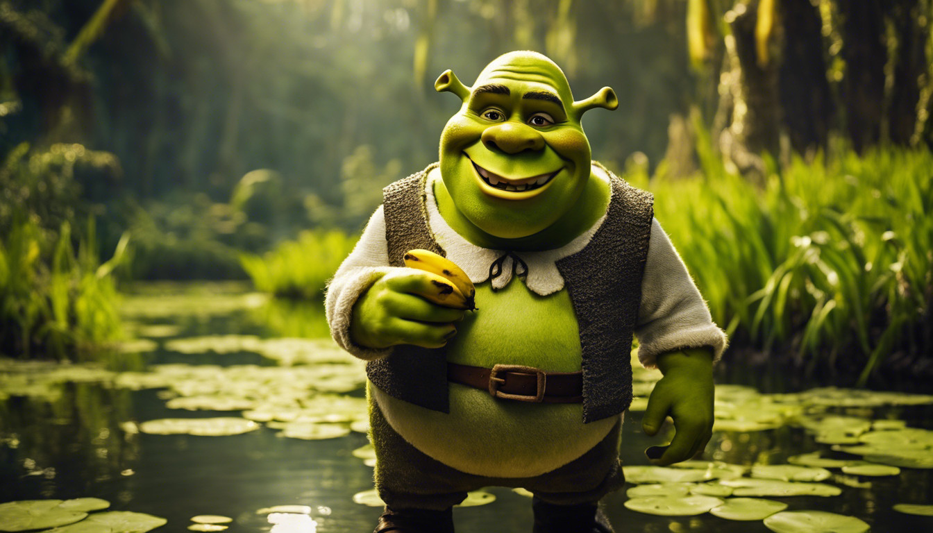 Shrek with a banana in his hand with a swamp behind him