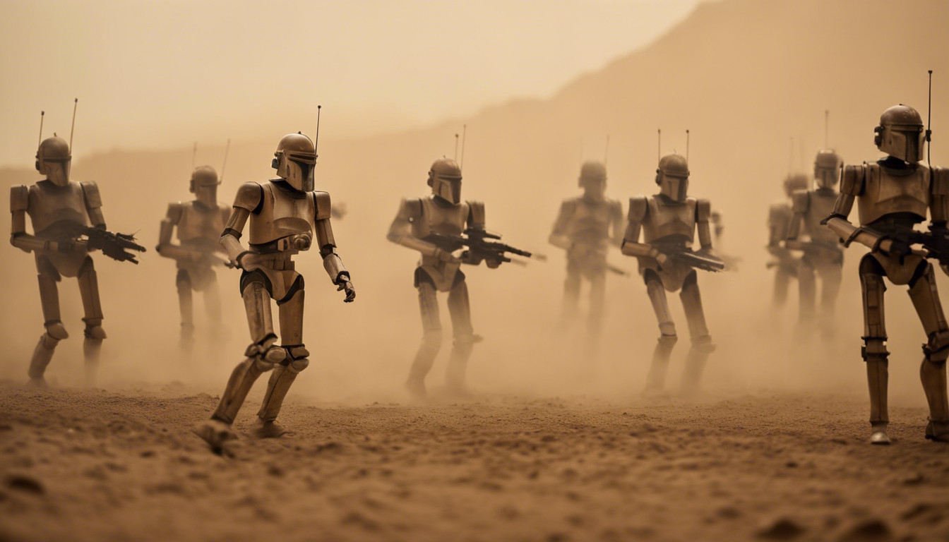 Clones and battle droids shooting at each other in a dust storm on geonosis