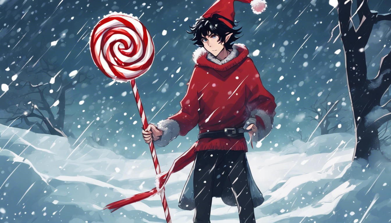 very tall, skinny man with messy black hair wearing an old red sweater and an elf hat and pointy black shoes, holding a candy cane as a sword flying through a heavy snowstorm with snow falling in front of the camera, aesthetic, cold colors, anime art style