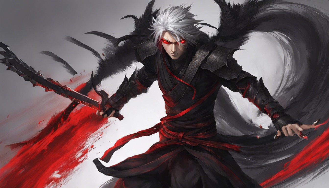 Demon Angel Ninja grey hair Red eyes  