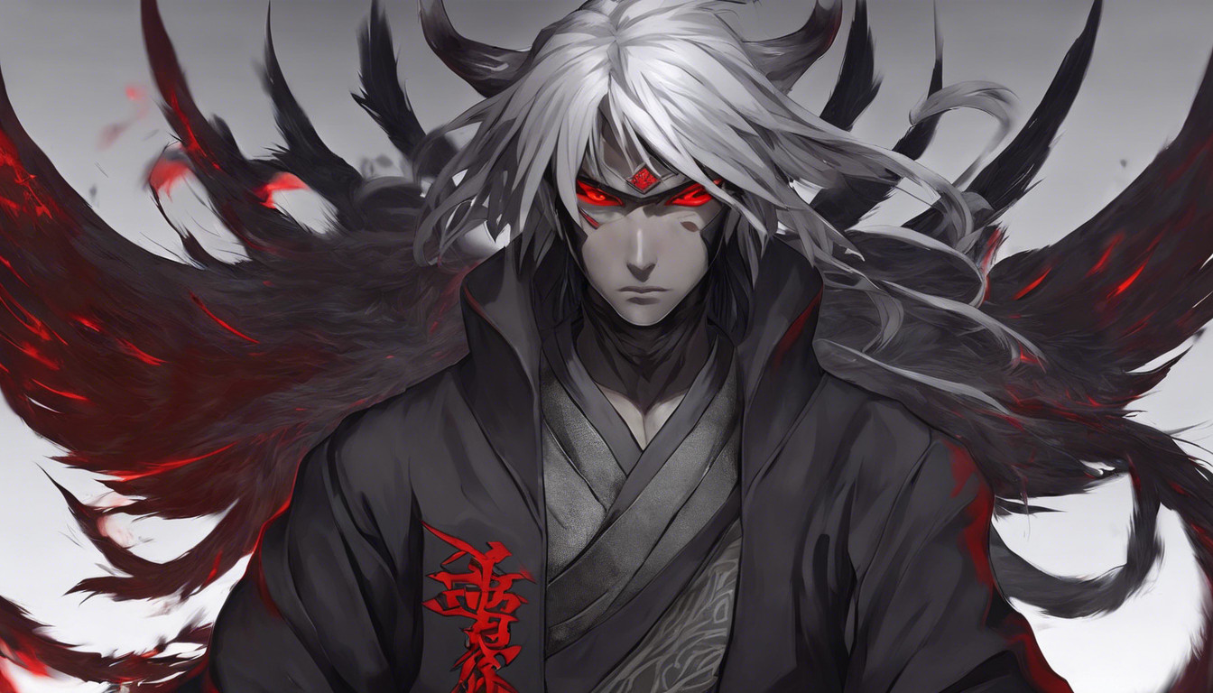 Demon Angel Ninja grey hair Red eyes  