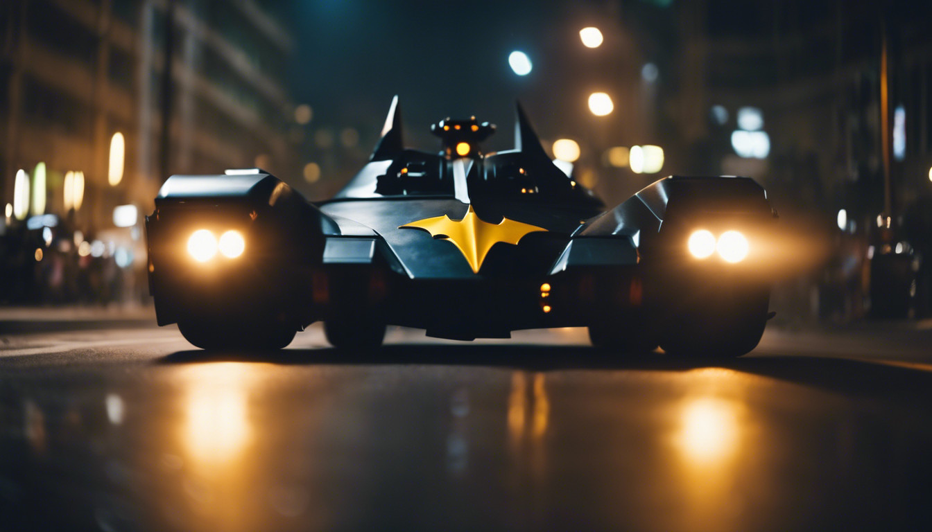 The Batmobile shooting its guns at night 