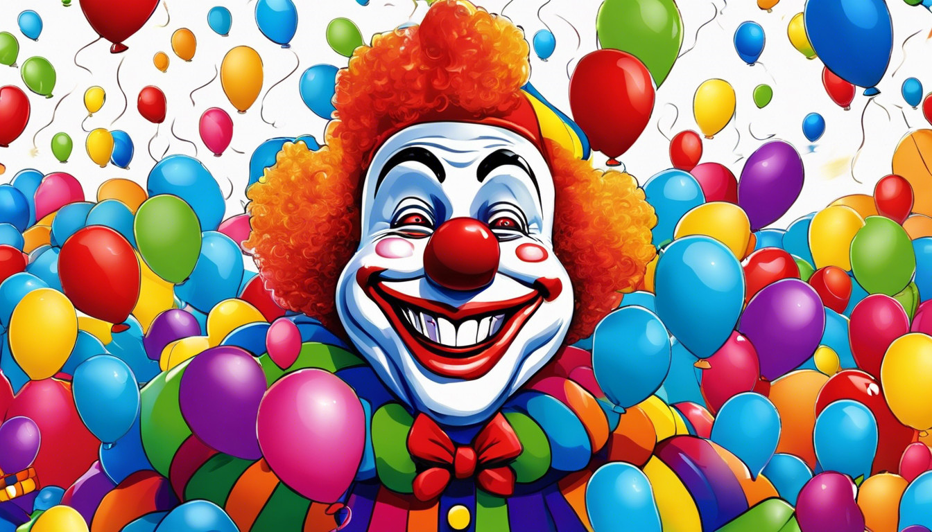 The clown IT smiling surrounded by balloons colorful