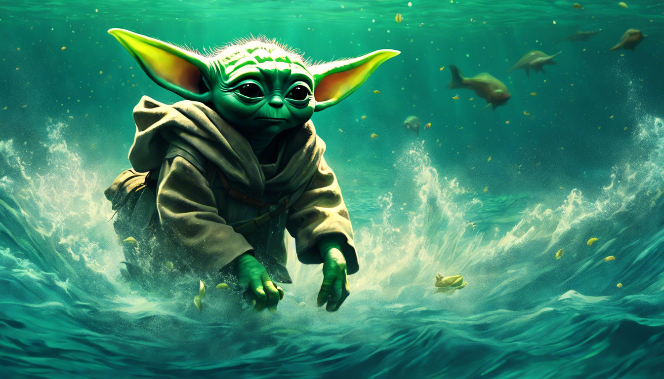 Baby yoda, riding horse, underwater