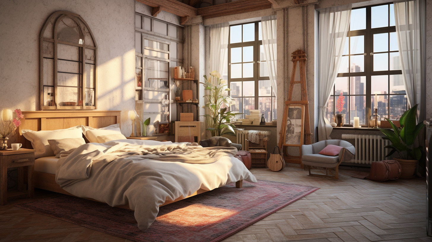 Cozy room with antic furnitures, big bed and lovely windows.