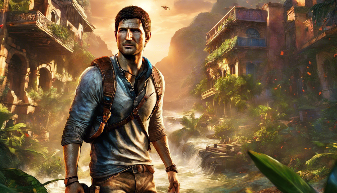 Nathan Drake in Uncharted, in an intense action scene, highly detailed and colorful