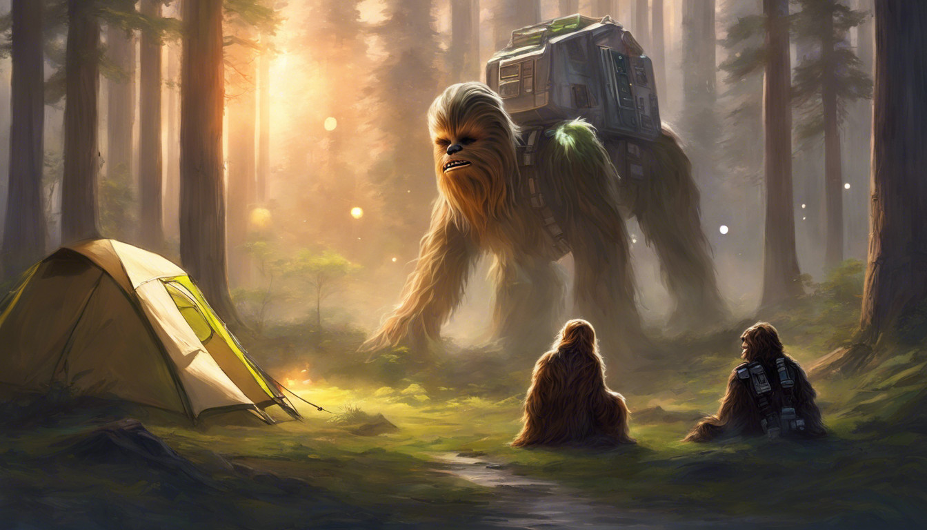 Chewbacca camping with han solo and yoda