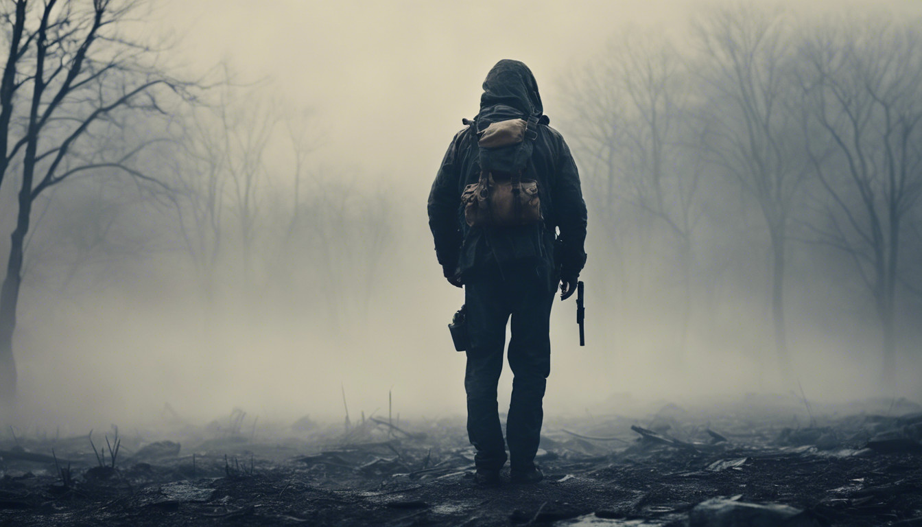 A lone survivalist in an Apocalypse, new york with fog