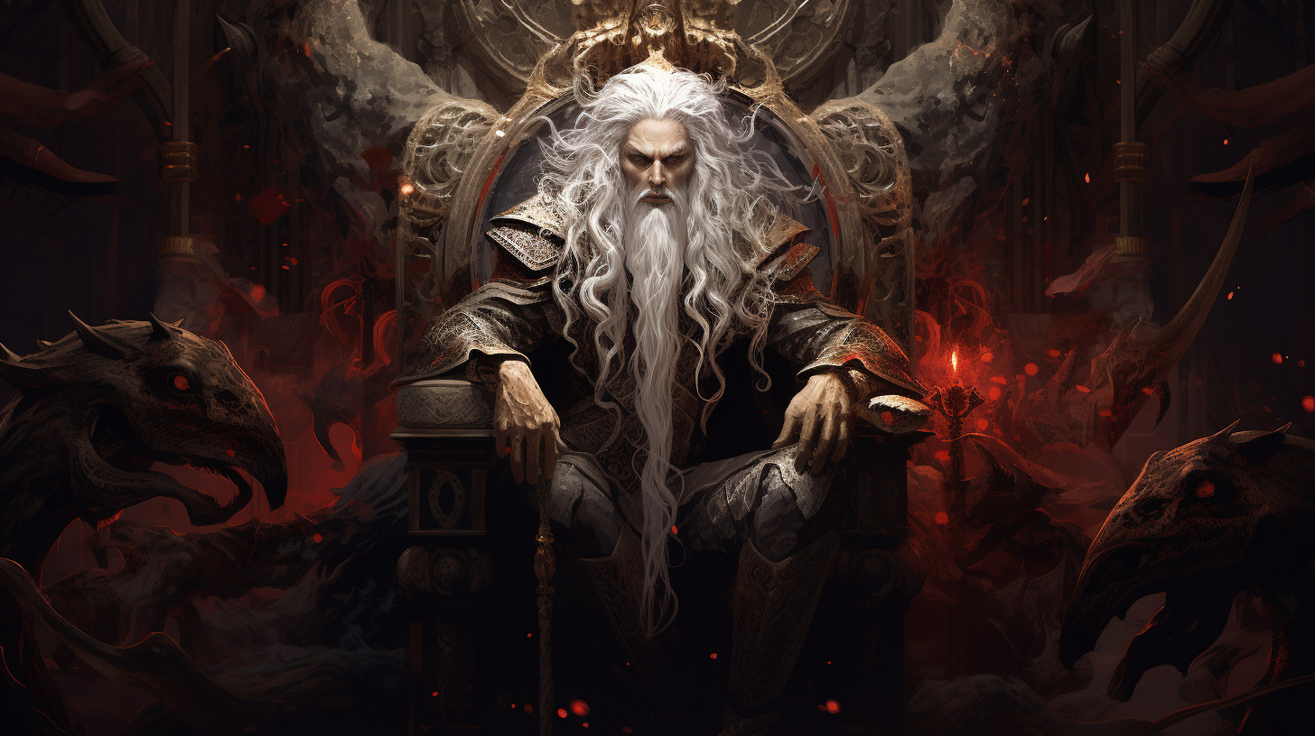 A demon king, he is a 30 year old man. He is cruel, sadistic, powerful. He has long white hair, red eyes, long black horns. No beard, no facial hair. He is seated on a magnificent throne, wicked yet beautiful. He is inside an opulent room with marble floors, marble walls, and gold decorations.