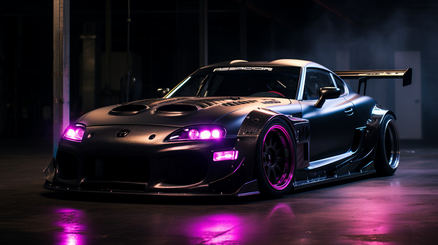 fully carbon fibre supra mkii with exposed engine and purple underlighting
