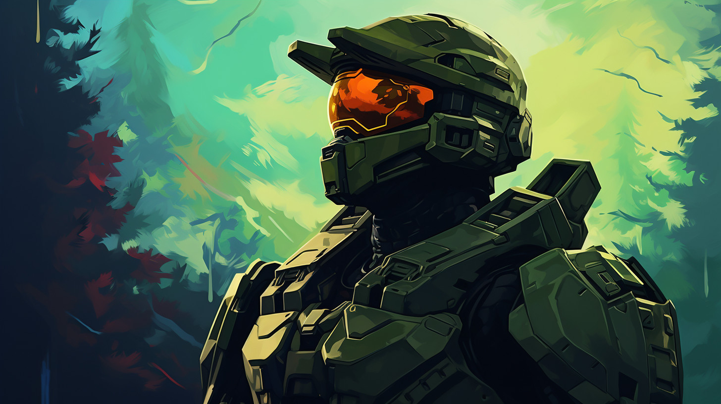 Master chief smoking a blunt with a trippy background
 