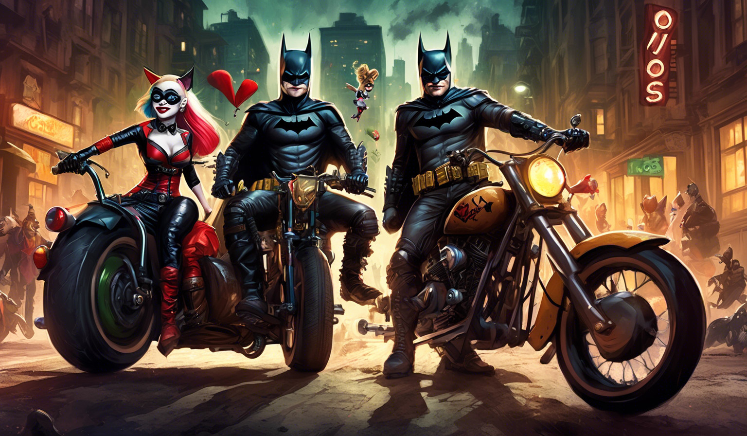 Robin and Batman high on stoned as hell with joker and Harley Quinn on a motorcycle and puss in boots 