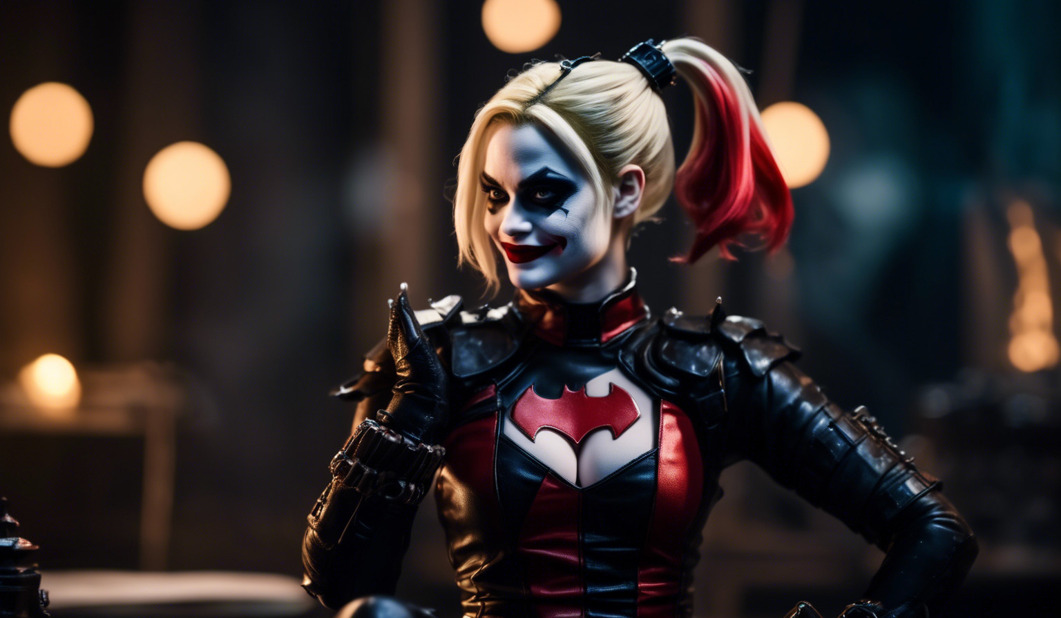 Harley quinn as an inquisitor torturing batman