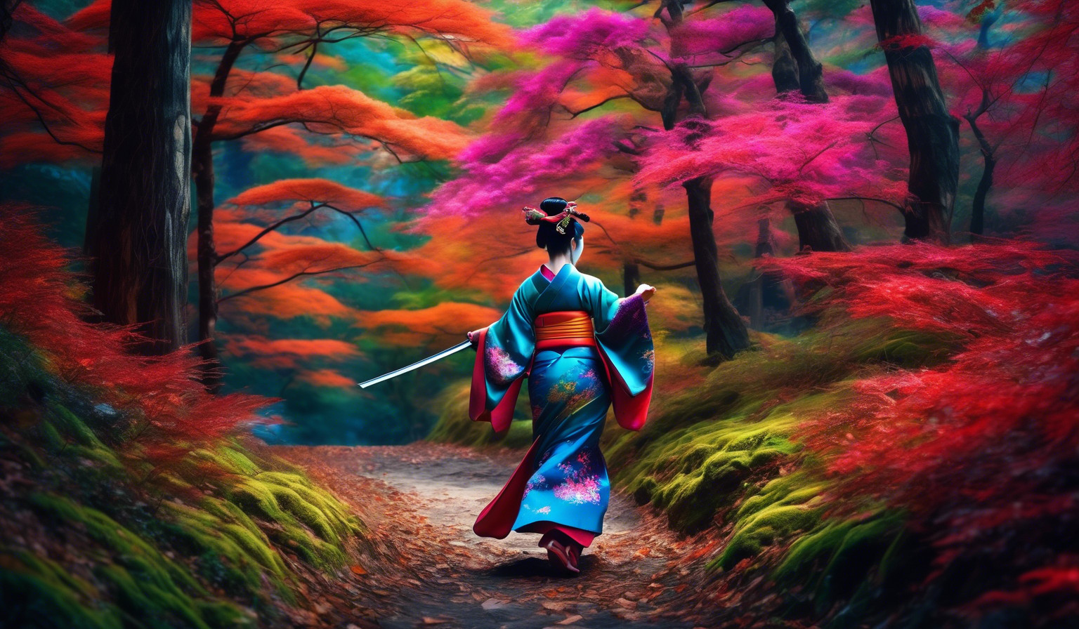 japanese geisha, lost in forest, holding a sword, fantasy, running, vibrant colors, hyper realistic 