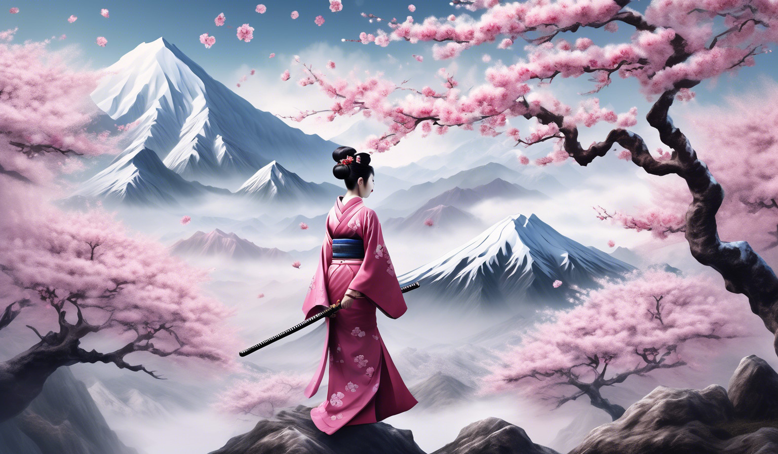 snowy mountains, one single cherry blossom tree, cherry blossoms floating in the air, a geisha standing holding a sword, hyper realistic, surrealism, fantasy