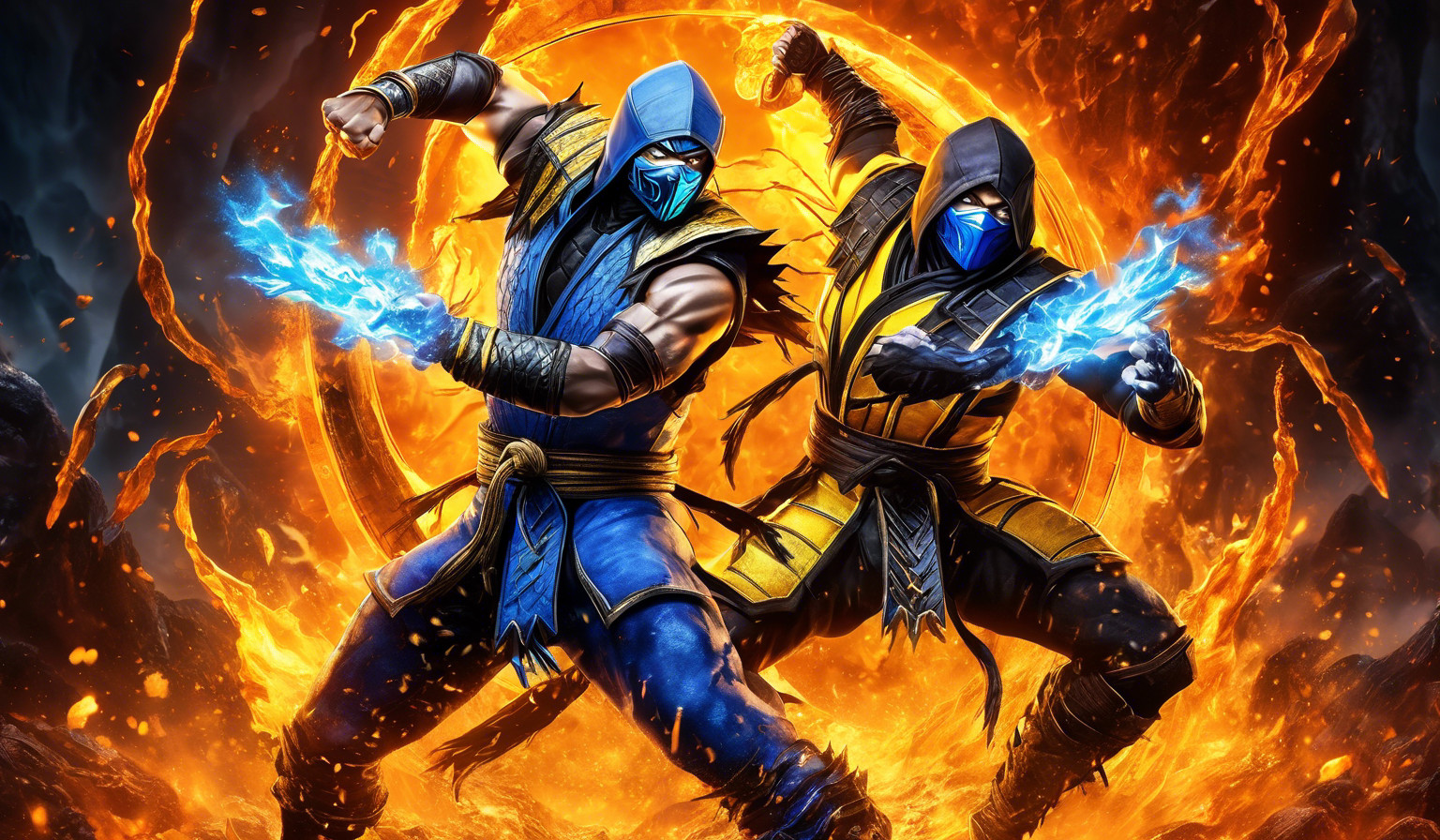 Sub-zero and Scorpion from mortal kombat 11 fighting in the bottom of hell