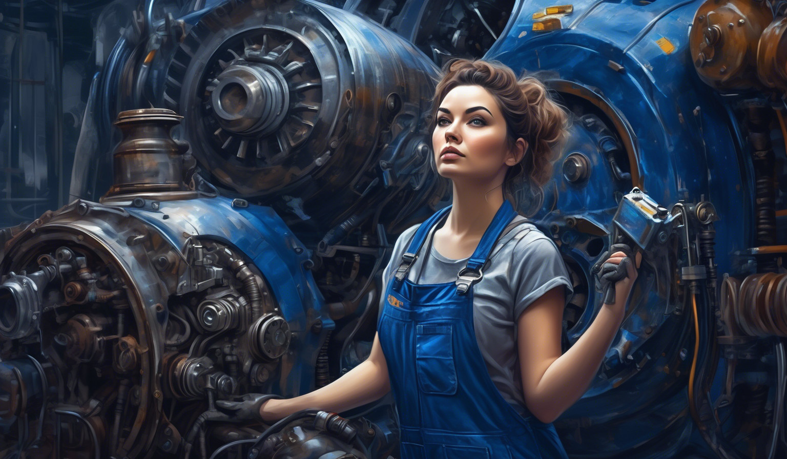 Attractive curvy female mechanic smeared with oil, wearing only blue dungarees and a tool kit, repairs a spaceship engine