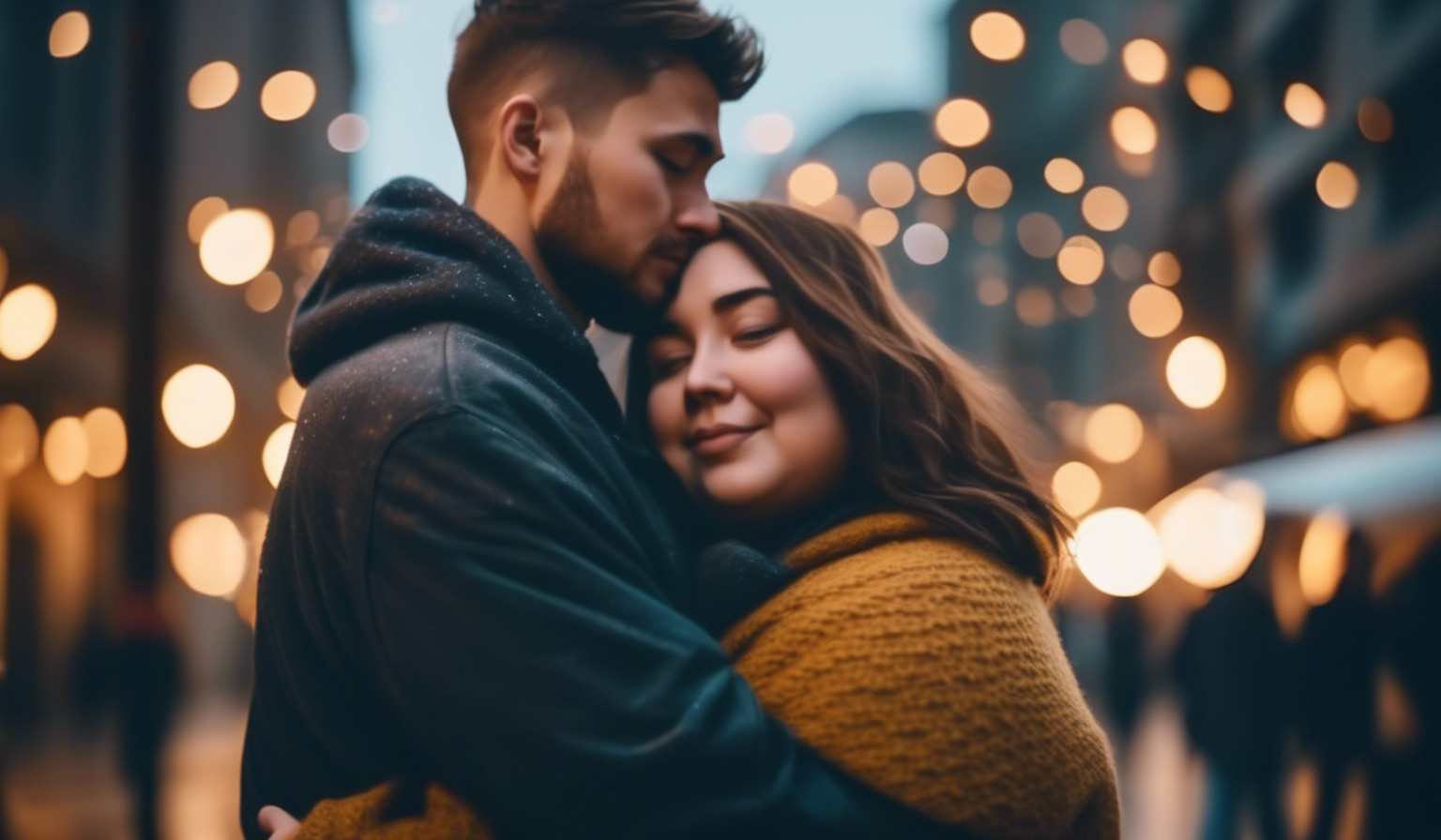 skinny man, chubby girl, hugging