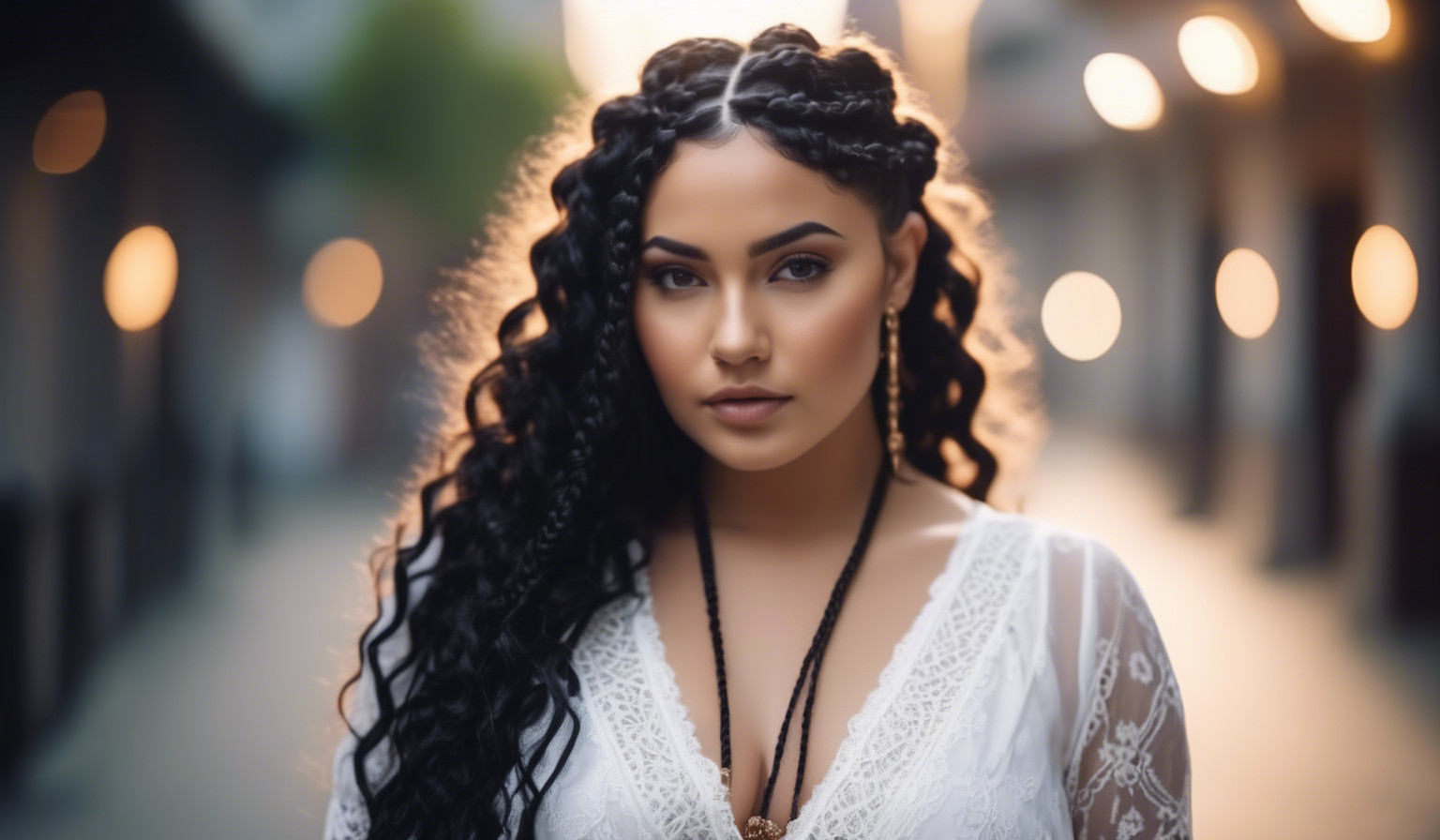 Curvy young woman, low cut white lace blouse, long curly black hair braided with small braids