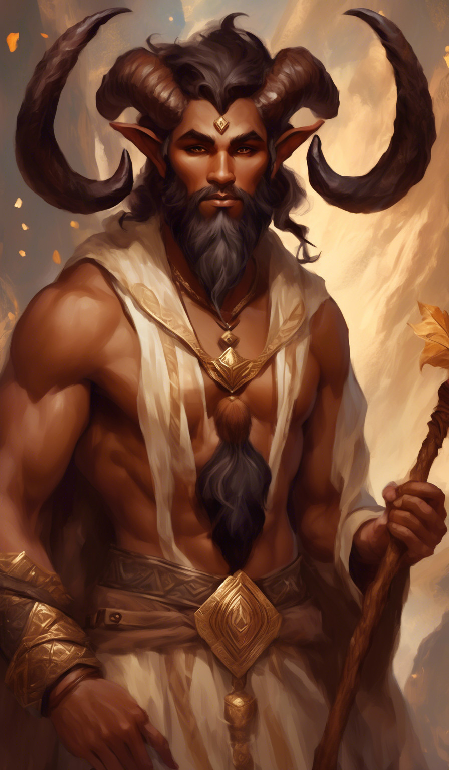 Satyr Wizard with black horns tan skin and a chestnut brown goatee