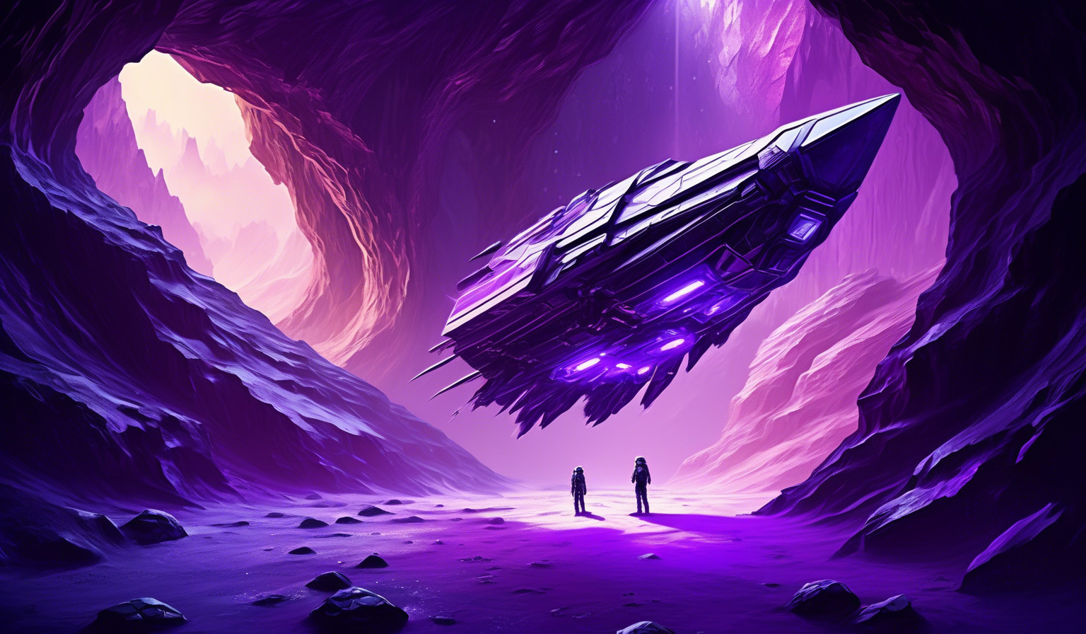 Purple and chrome Condor space craft inside a large cave that has purple ice diamonds, with hole in ceiling of cave letting light in from outside sun beams land on Condor Space craft.