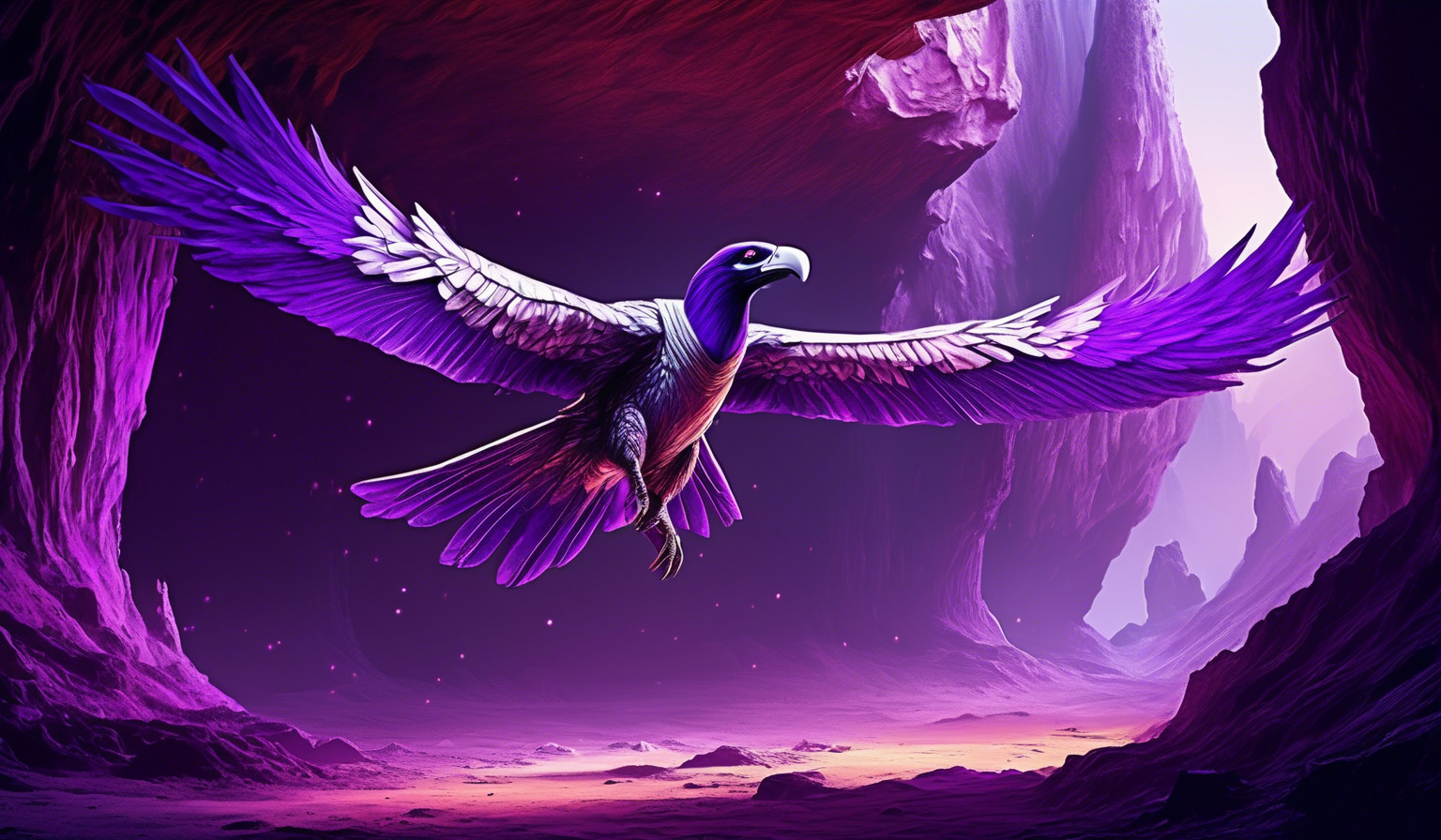 chrome and purple large Condor Bird Space craft, landing inside giant cave 