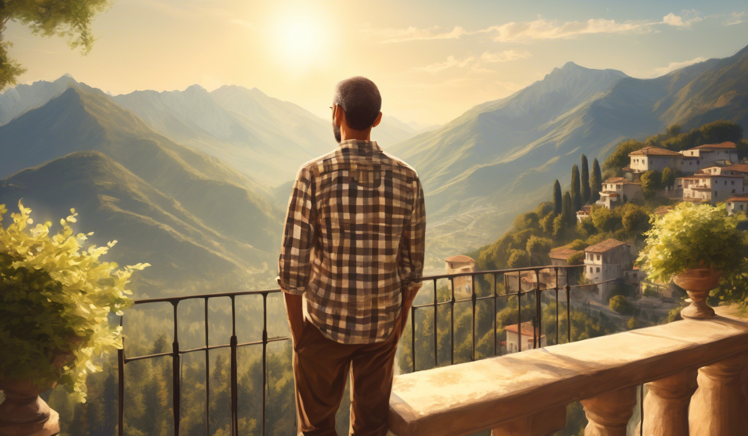 create a restful picture of a man wearing checkered shirt and looking from a Italian balcony at the mountains in the background on a summers morning, with the sun rising over the mountains.