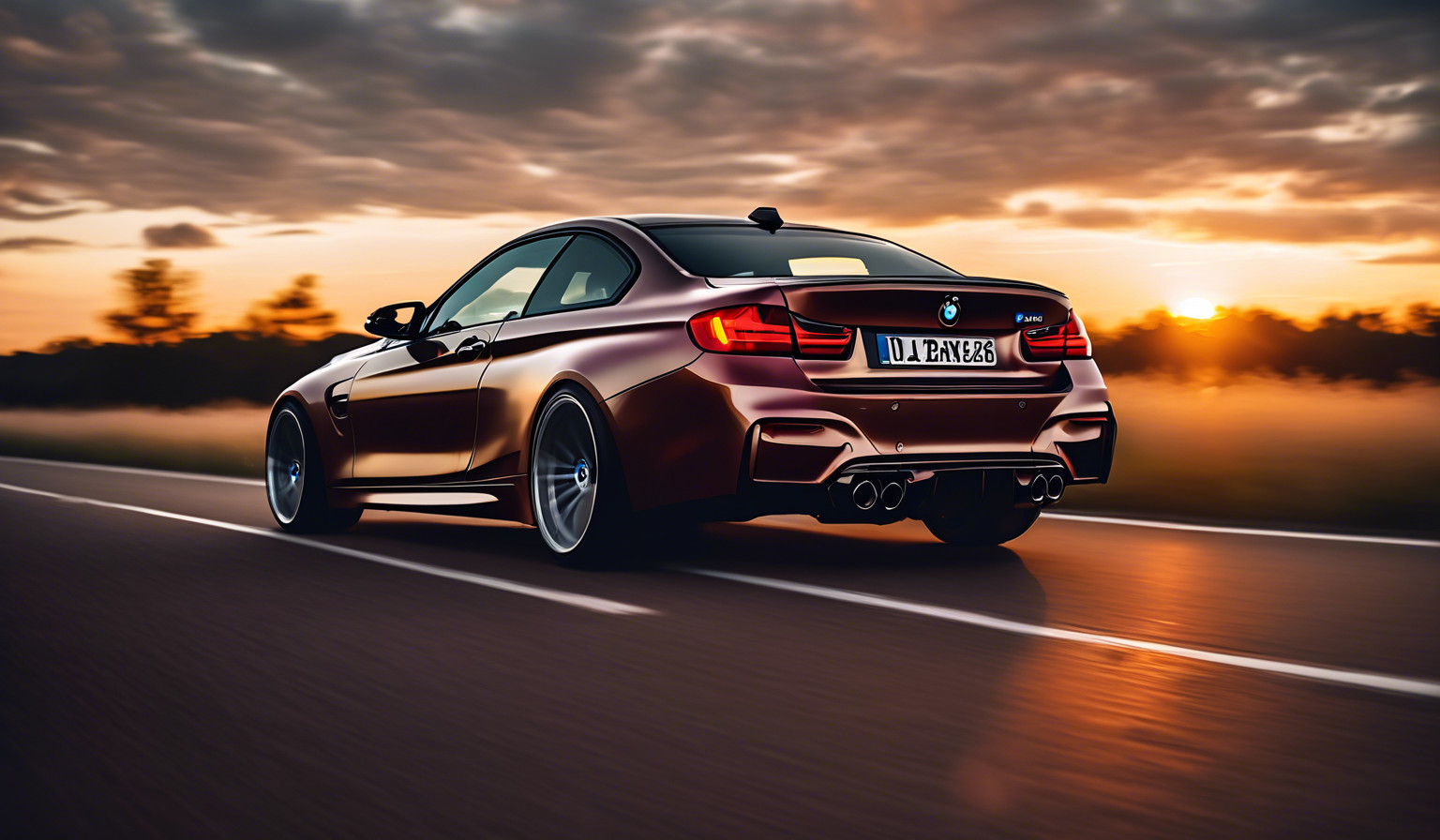 A m3 bmw chasing after a sunset .